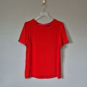 Pink Tartan Red Short Sleeve Stretch Silk T-Shirt Style Blouse Top, Size L